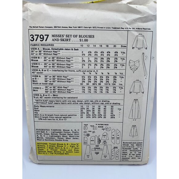 McCall's Misses Blouse Shirts Skirts Sewing Pattern sz 14 3797 - uncut - Picture 2 of 2